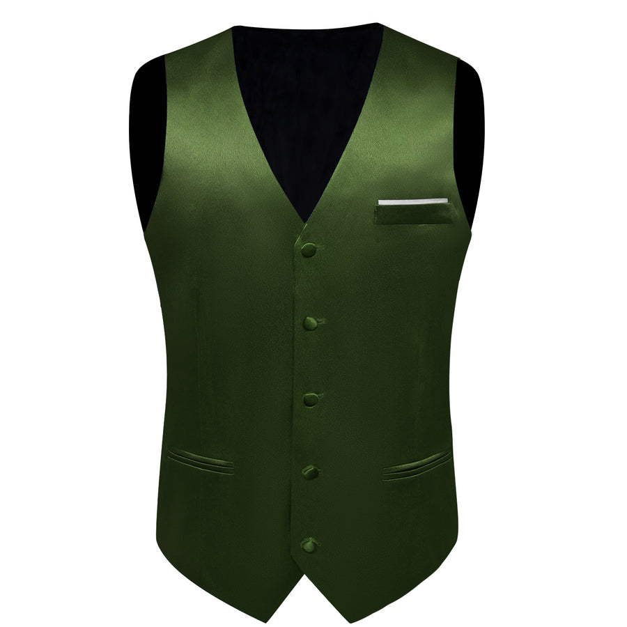 Olive Green Solid Shining Silk Men's Bowtie Vest Set vest set    - Sophisticated Gentlemen