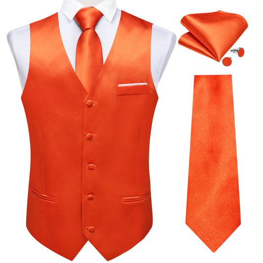 Brilliant Orange Solid Shining Silk Bowtie Vest Set vest set S (Chest 40")   - Sophisticated Gentlemen