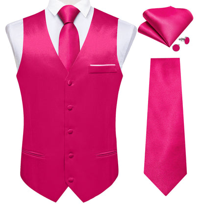 Deep Pink Solid Shining Silk Men's Bowtie Vest Set vest set S (Chest 40")   - Sophisticated Gentlemen