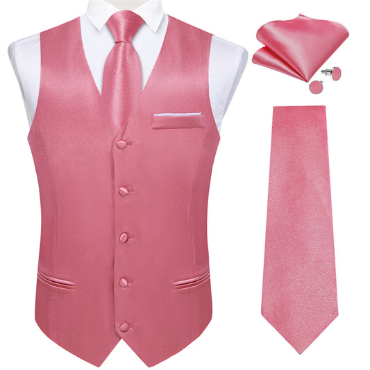 Pink Solid Shining Silk Men's Bowtie Vest Set vest set S (Chest 40")   - Sophisticated Gentlemen