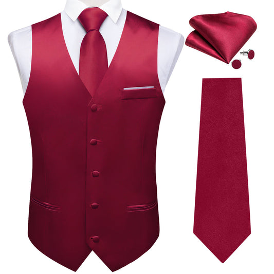 Wine Red Solid Shining Silk Men's Bowtie Vest Set vest set S (Chest 40")   - Sophisticated Gentlemen