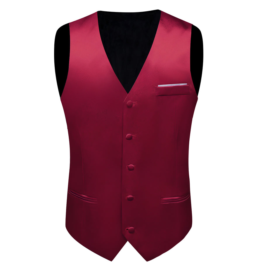 Wine Red Solid Shining Silk Men's Bowtie Vest Set vest set    - Sophisticated Gentlemen