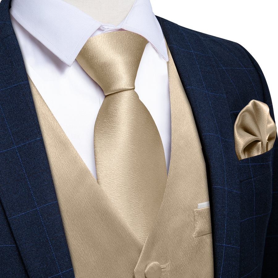 New Champagne Solid Shining Silk Vest Set vest set    - Sophisticated Gentlemen