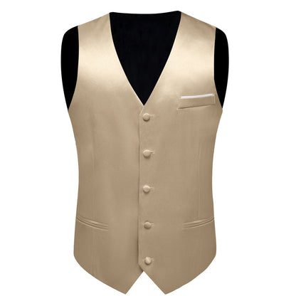 New Champagne Solid Shining Silk Vest Set vest set    - Sophisticated Gentlemen