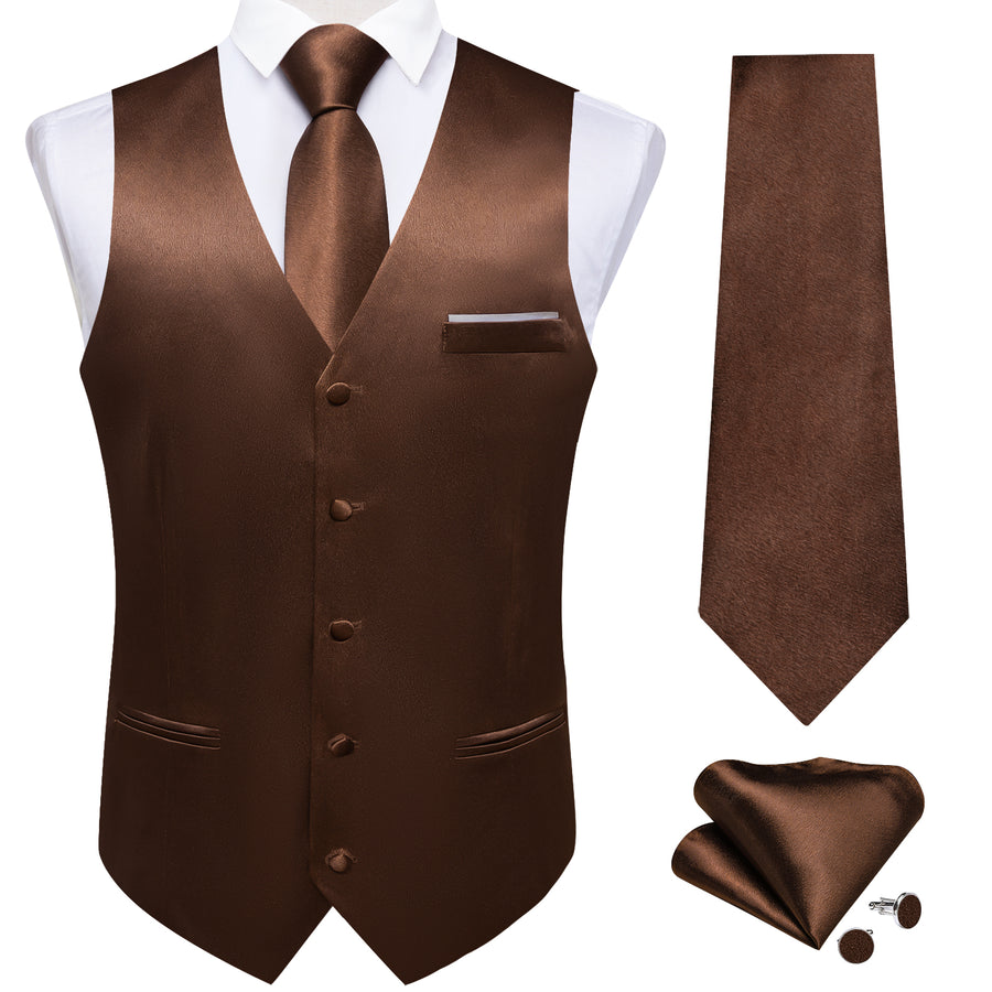 New Brown Solid Shining Silk Men's Vest Set vest set    - Sophisticated Gentlemen