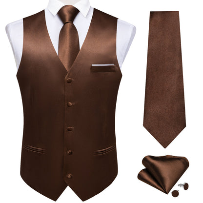 New Brown Solid Shining Silk Men's Vest Set vest set    - Sophisticated Gentlemen