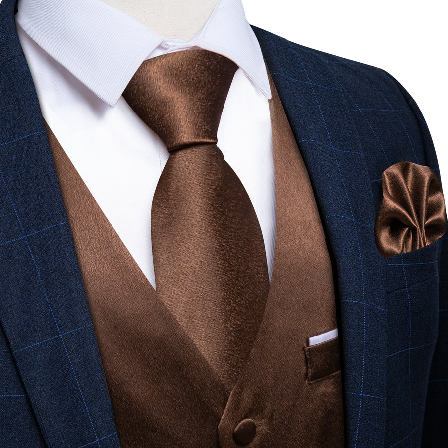 New Brown Solid Shining Silk Men's Vest Set vest set S (Chest 40")   - Sophisticated Gentlemen