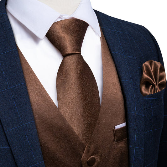 New Brown Solid Shining Silk Men's Vest Set vest set S (Chest 40")   - Sophisticated Gentlemen