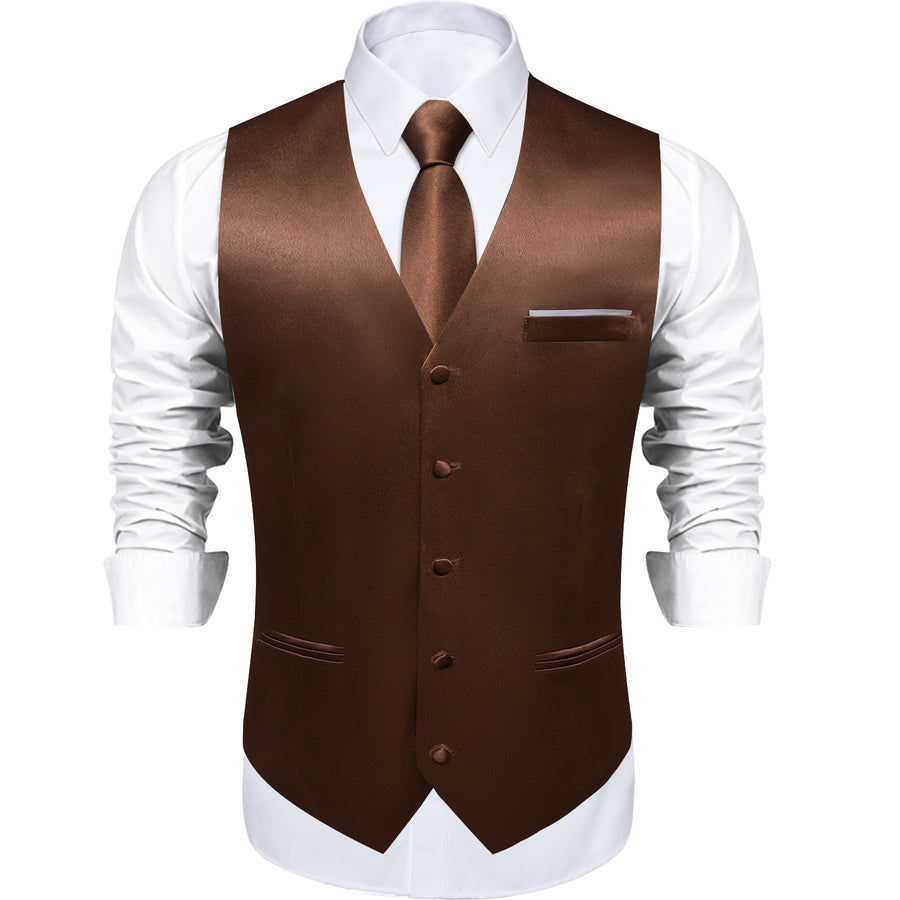 New Brown Solid Shining Silk Men's Vest Set vest set    - Sophisticated Gentlemen