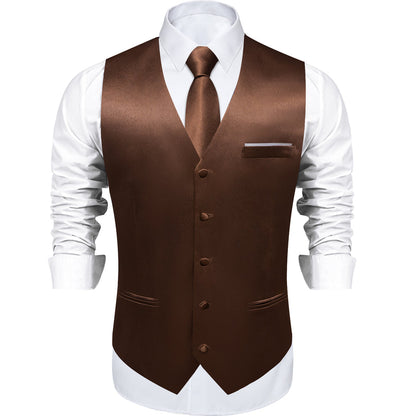 New Brown Solid Shining Silk Men's Vest Set vest set    - Sophisticated Gentlemen