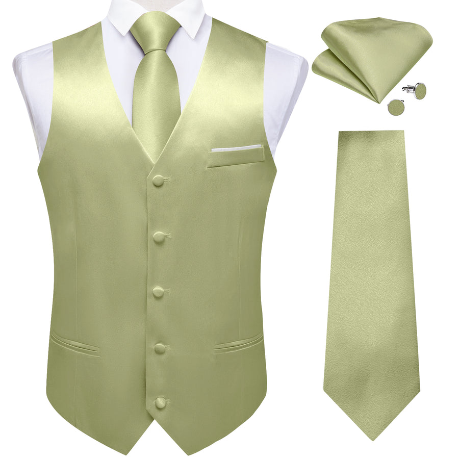 Avocado Green Solid Silk Vest Set - 4 Piece vest set S (Chest 40")   - Sophisticated Gentlemen