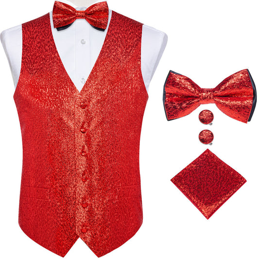 Red Shining Solid Bowtie Vest Set vest set S (Chest 40")   - Sophisticated Gentlemen