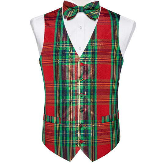 Christmas Green Red Plaid Bowtie Vest Set vest set S (Chest 40")   - Sophisticated Gentlemen