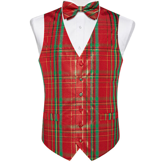 Christmas Red Green Plaid Bowtie Vest Set vest set S (Chest 40")   - Sophisticated Gentlemen