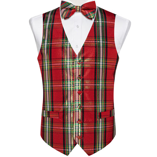 Christmas Scotland Red Green Plaid Bowtie Vest Set vest set S (Chest 40")   - Sophisticated Gentlemen