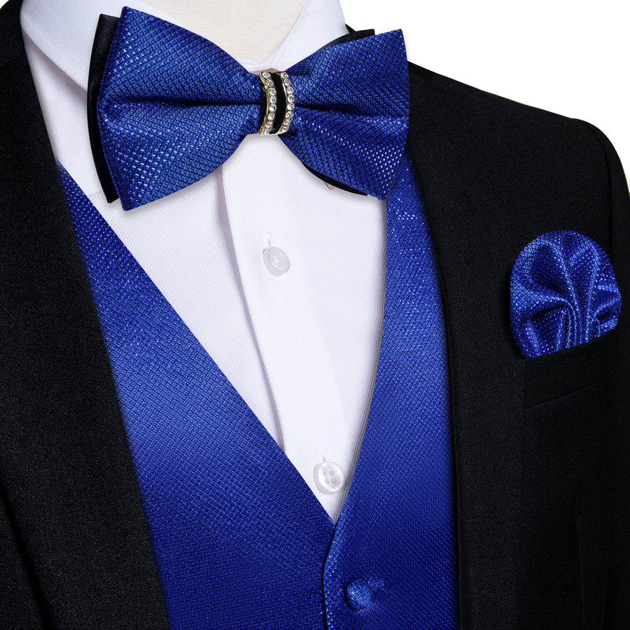 New Dark Blue Solid Shiny Men's Bowtie Vest Set vest set S (Chest 40")   - Sophisticated Gentlemen
