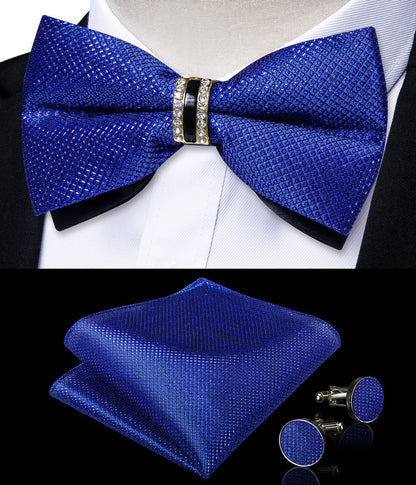 New Dark Blue Solid Shiny Men's Bowtie Vest Set vest set    - Sophisticated Gentlemen
