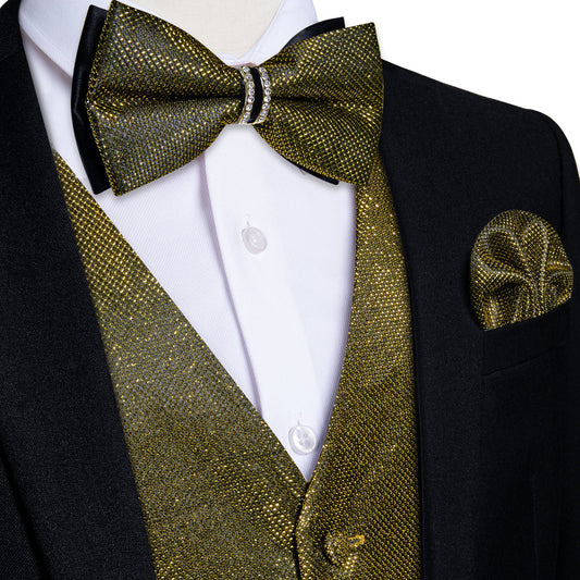 Army Green Shiny Vest Set with Matching Bow Tie, Hanky, and Cufflinks vest set S (Chest 40)   - Sophisticated Gentlemen