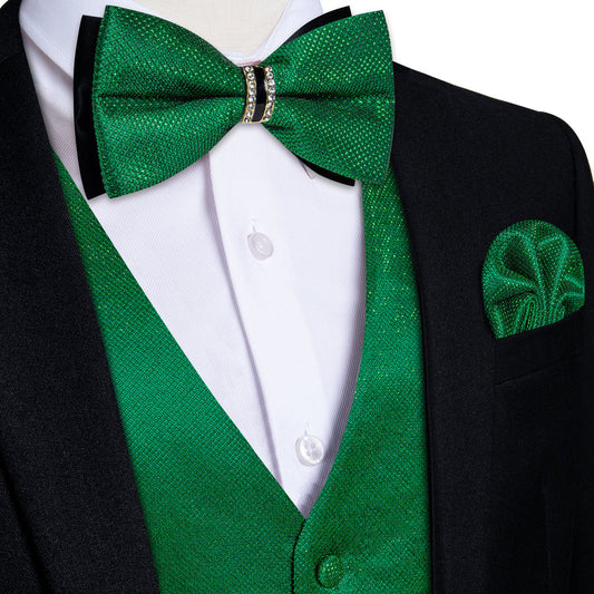 New Deep Green Solid Shiny Men's Bowtie Vest Set vest set S (Chest 40")   - Sophisticated Gentlemen