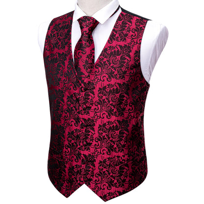 Red Black Floral Jacquard Silk Vest Set vest set    - Sophisticated Gentlemen
