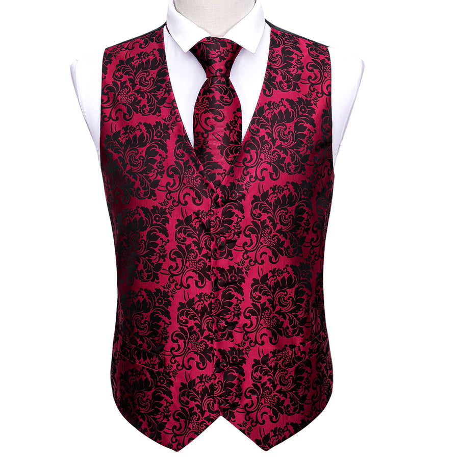 Red Black Floral Jacquard Silk Vest Set vest set    - Sophisticated Gentlemen