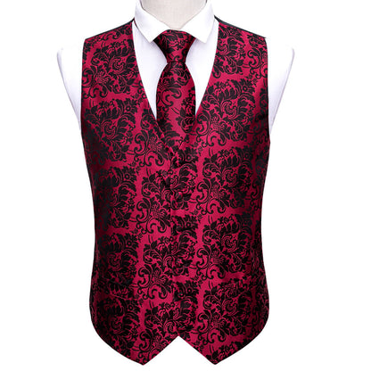 Red Black Floral Jacquard Silk Vest Set vest set    - Sophisticated Gentlemen