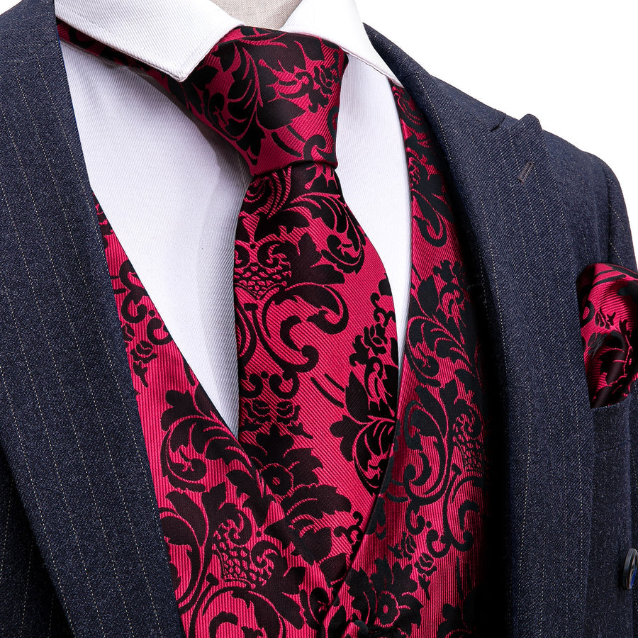 Red Black Floral Jacquard Silk Vest Set vest set S (Chest 40")   - Sophisticated Gentlemen