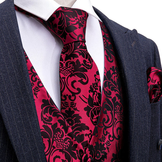 Red Black Floral Jacquard Silk Vest Set vest set S (Chest 40")   - Sophisticated Gentlemen