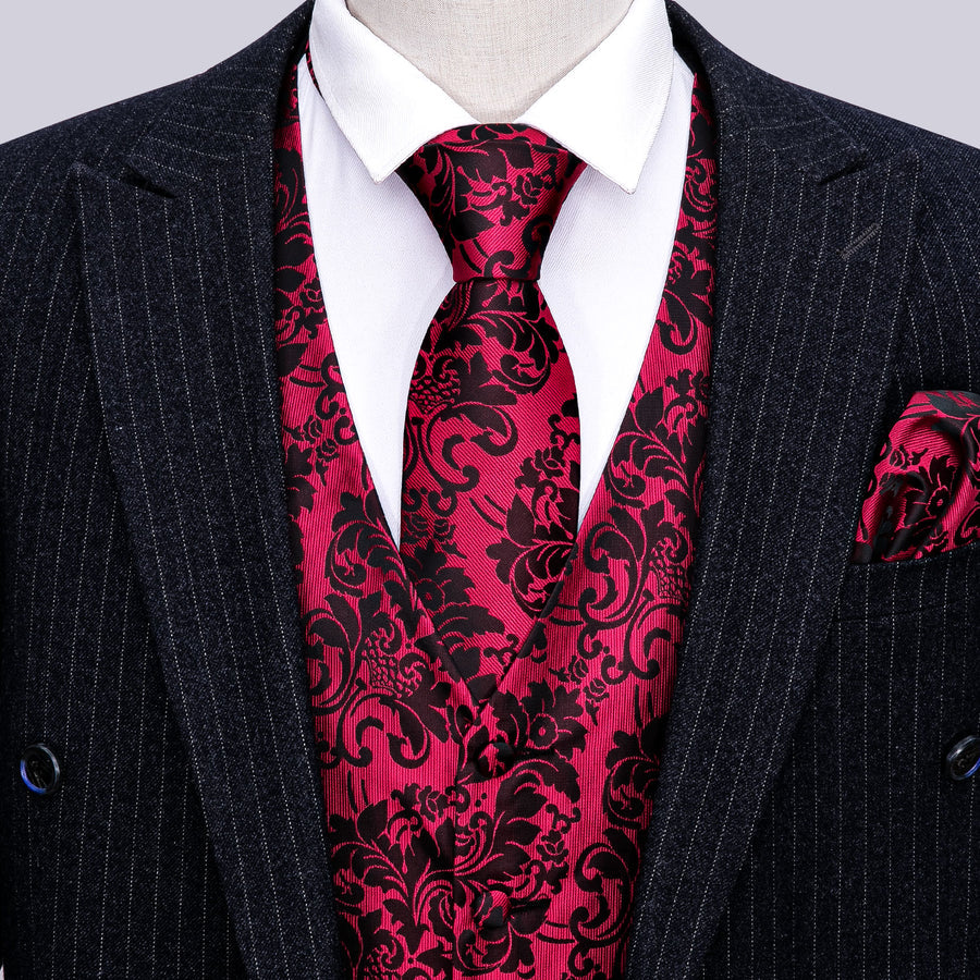 Red Black Floral Jacquard Silk Vest Set vest set    - Sophisticated Gentlemen