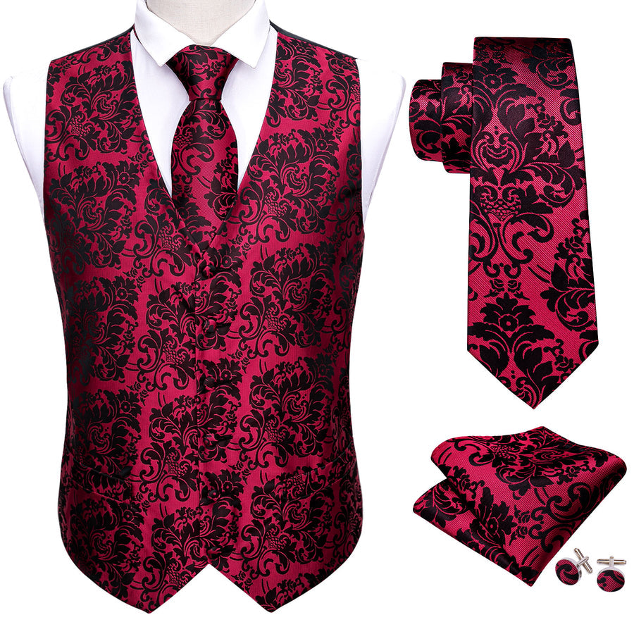 Red Black Floral Jacquard Silk Vest Set vest set    - Sophisticated Gentlemen