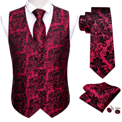 Red Black Floral Jacquard Silk Vest Set vest set    - Sophisticated Gentlemen