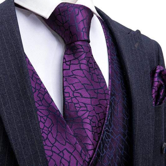 Purple Black Plaid Jacquard Silk Vest Set vest set S (Chest 40")   - Sophisticated Gentlemen
