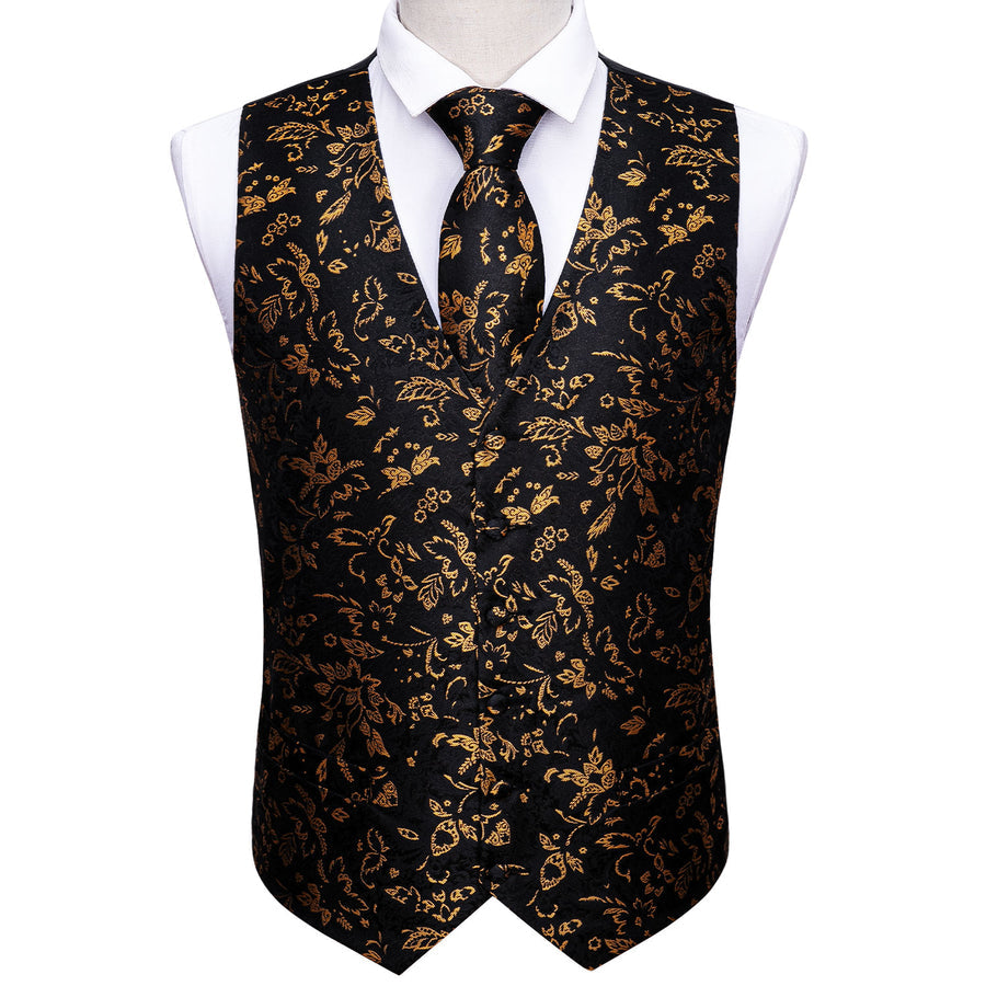 Black Yellow Floral Jacquard Silk Vest Set vest set    - Sophisticated Gentlemen