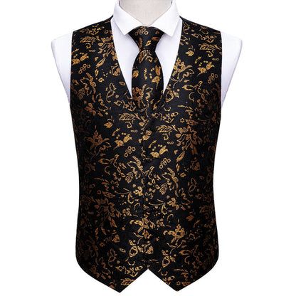 Black Yellow Floral Jacquard Silk Vest Set vest set    - Sophisticated Gentlemen