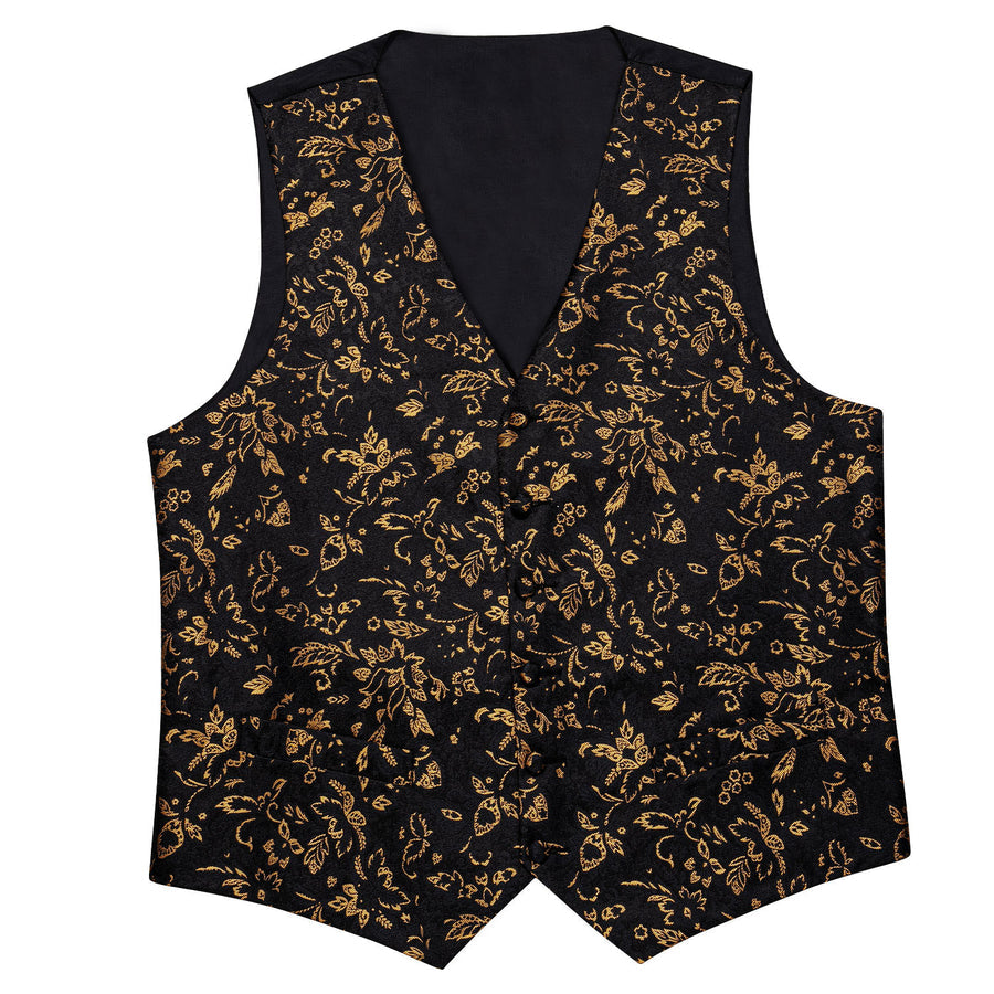 Black Yellow Floral Jacquard Silk Vest Set vest set    - Sophisticated Gentlemen