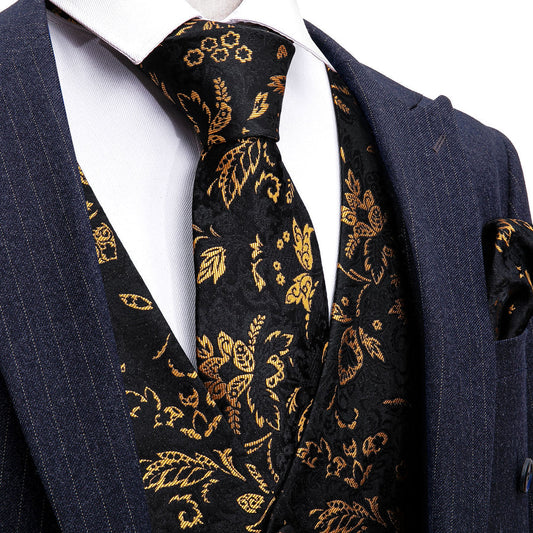 Black Yellow Floral Jacquard Silk Vest Set vest set S (Chest 40")   - Sophisticated Gentlemen