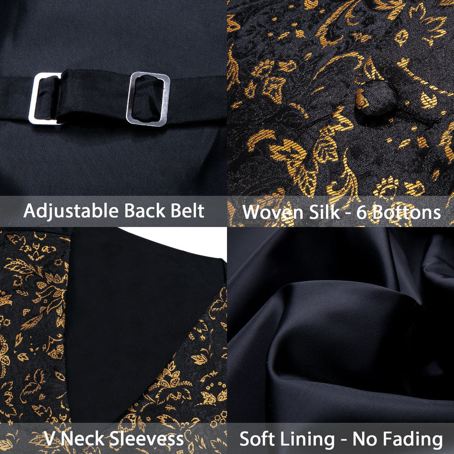 Black Yellow Floral Jacquard Silk Vest Set vest set    - Sophisticated Gentlemen