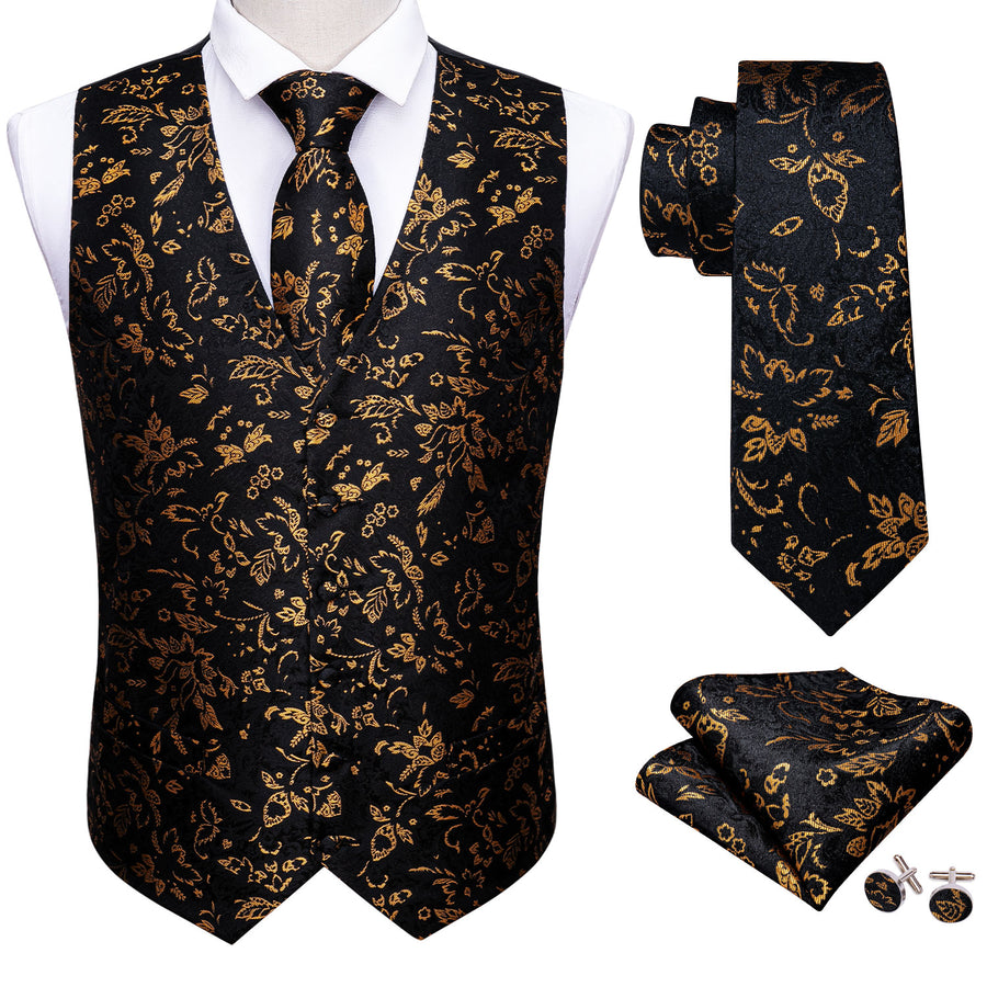 Black Yellow Floral Jacquard Silk Vest Set vest set    - Sophisticated Gentlemen