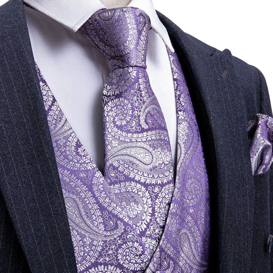 Baby Purple Paisley Silk Vest Set vest set S (Chest 40")   - Sophisticated Gentlemen