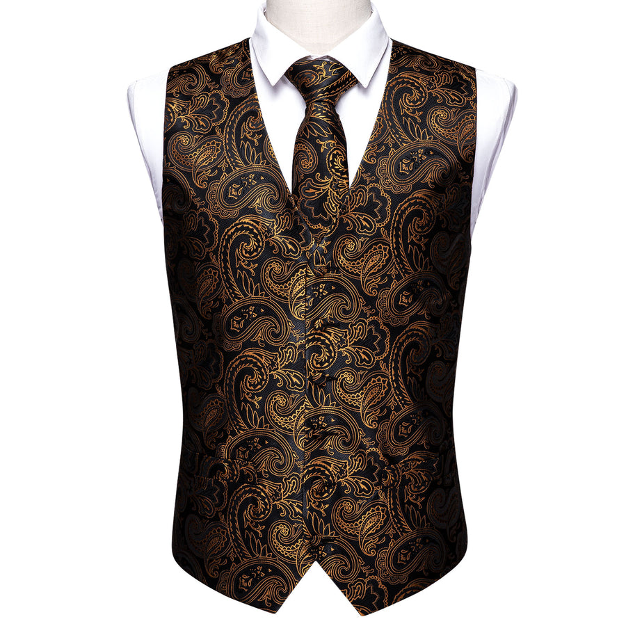 New Black Golden Paisley Silk Vest Set vest set    - Sophisticated Gentlemen