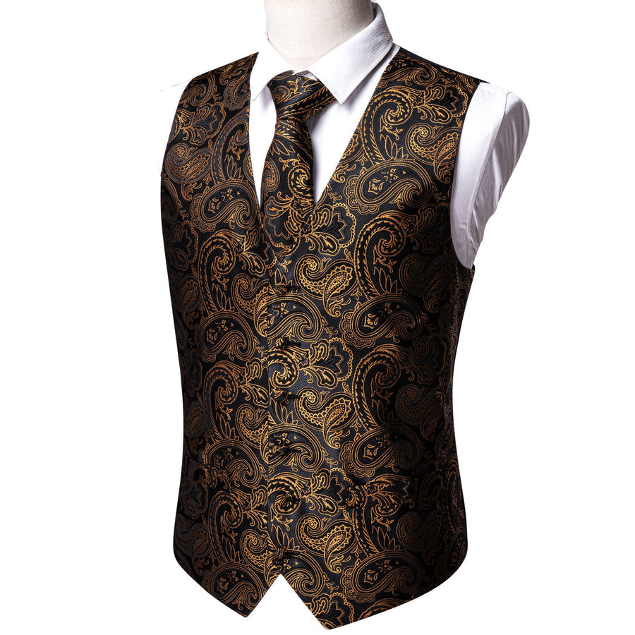 New Black Golden Paisley Silk Vest Set vest set    - Sophisticated Gentlemen