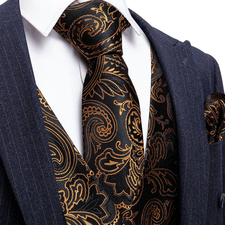 New Black Golden Paisley Silk Vest Set vest set S (Chest 40")   - Sophisticated Gentlemen