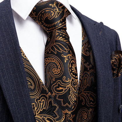 New Black Golden Paisley Silk Vest Set vest set S (Chest 40")   - Sophisticated Gentlemen