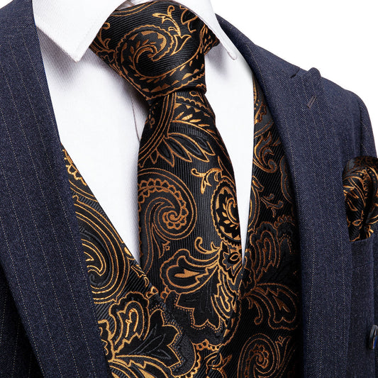 New Black Golden Paisley Silk Vest Set vest set S (Chest 40")   - Sophisticated Gentlemen