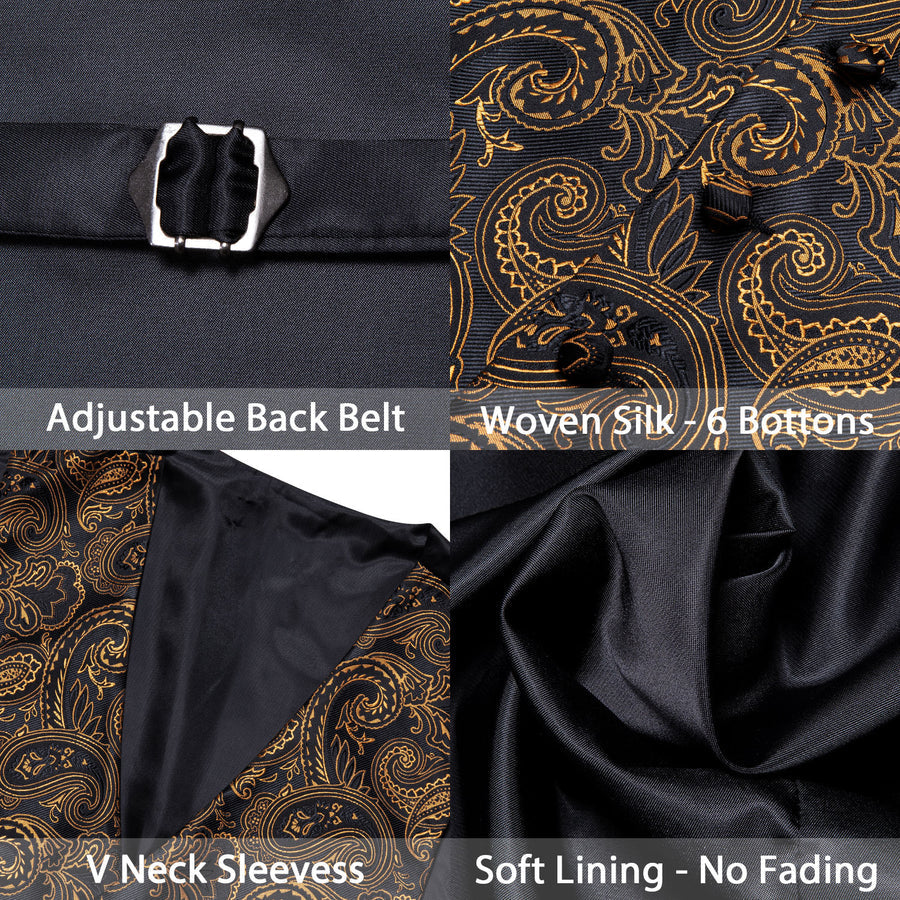 New Black Golden Paisley Silk Vest Set vest set    - Sophisticated Gentlemen