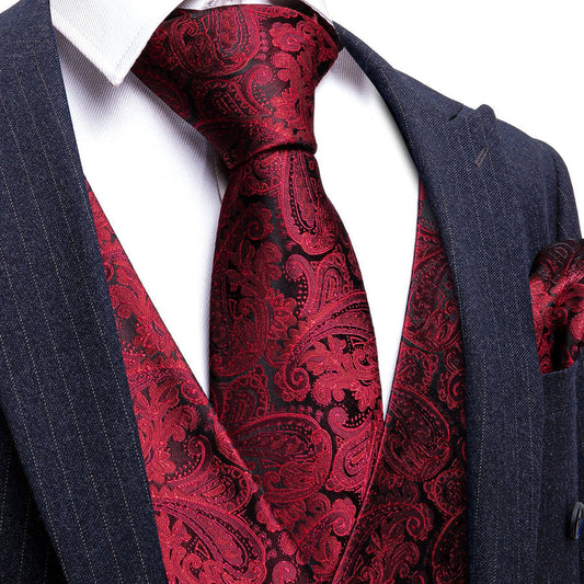 Red Black Paisley Silk Vest Set vest set S (Chest 40")   - Sophisticated Gentlemen