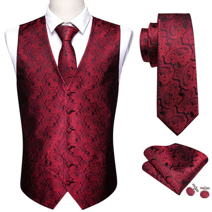 Red Black Paisley Silk Vest Set vest set    - Sophisticated Gentlemen