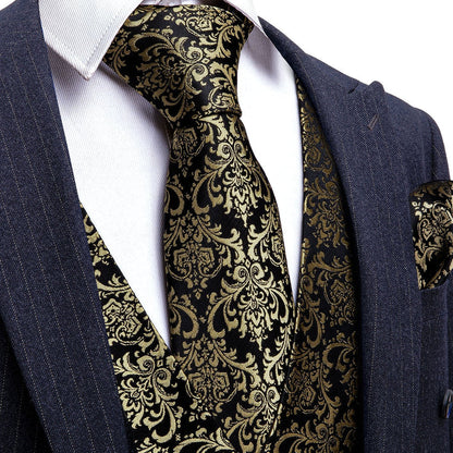 Black Metallic Novelty Silk Vest Set vest set S (Chest 40")   - Sophisticated Gentlemen