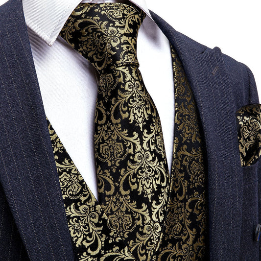 Black Metallic Novelty Silk Vest Set vest set S (Chest 40")   - Sophisticated Gentlemen