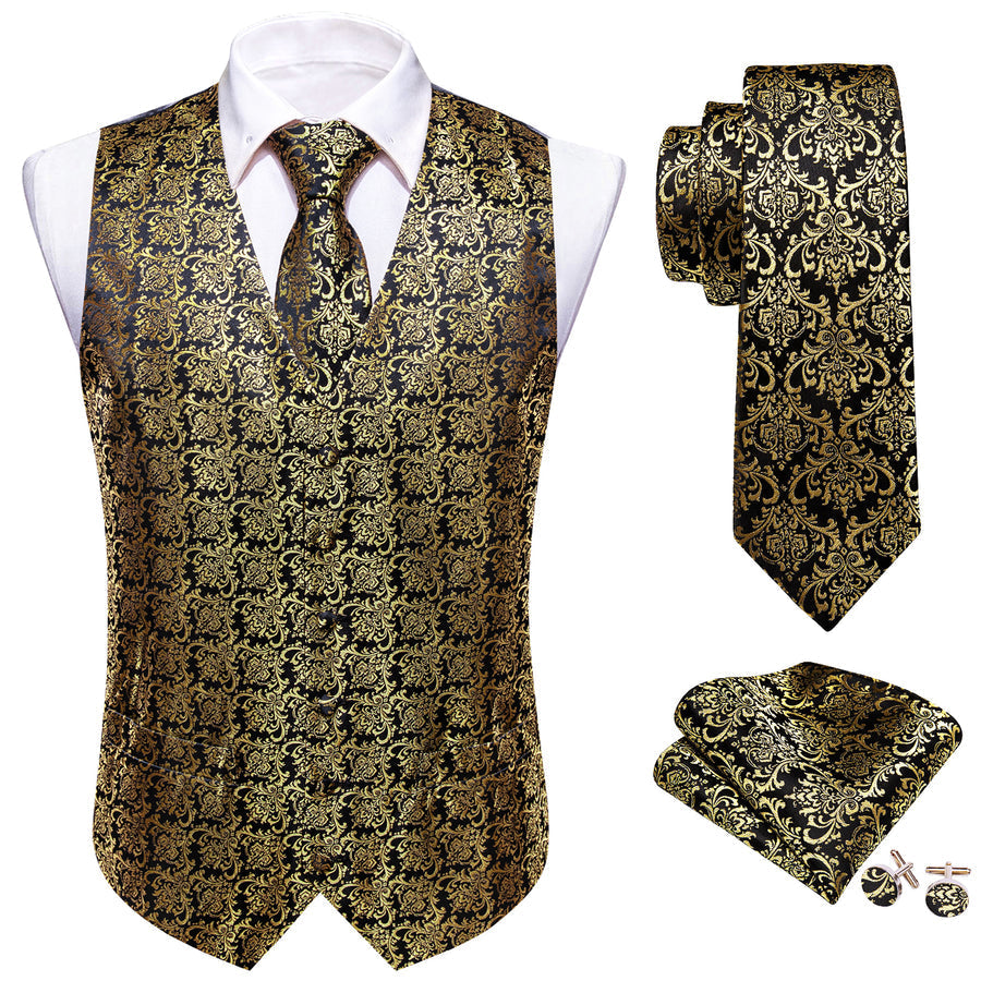 Black Metallic Novelty Silk Vest Set vest set    - Sophisticated Gentlemen